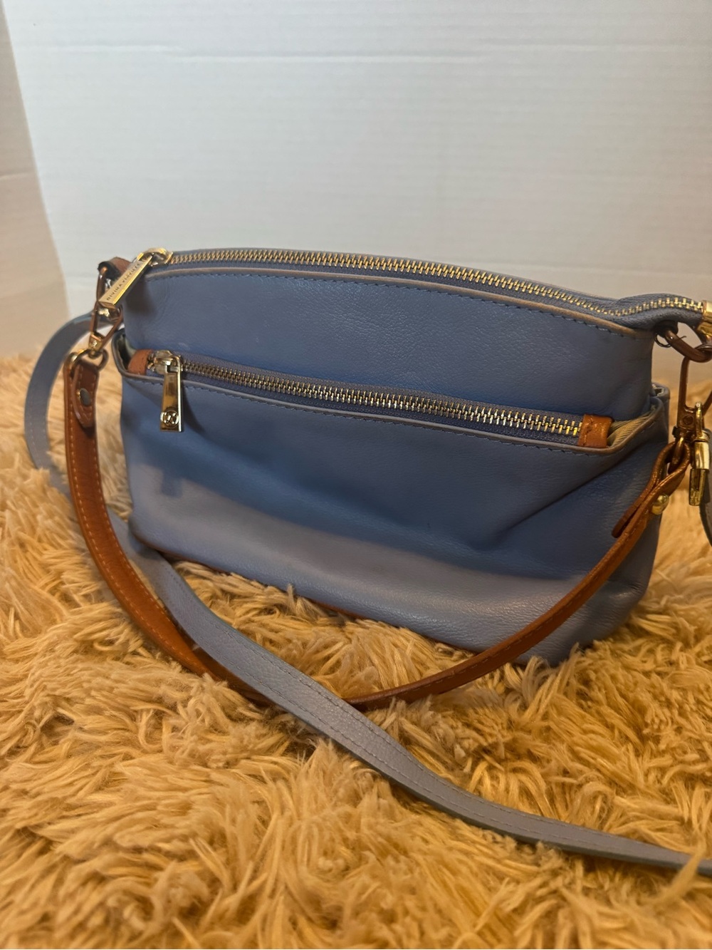 Light Blue Crossbody Bag with Brown Strap